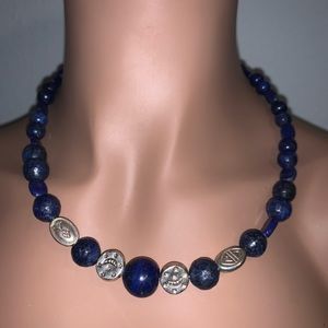 OOAK Faceted Lapis & Handmade Engraved Sterling Beaded Necklace